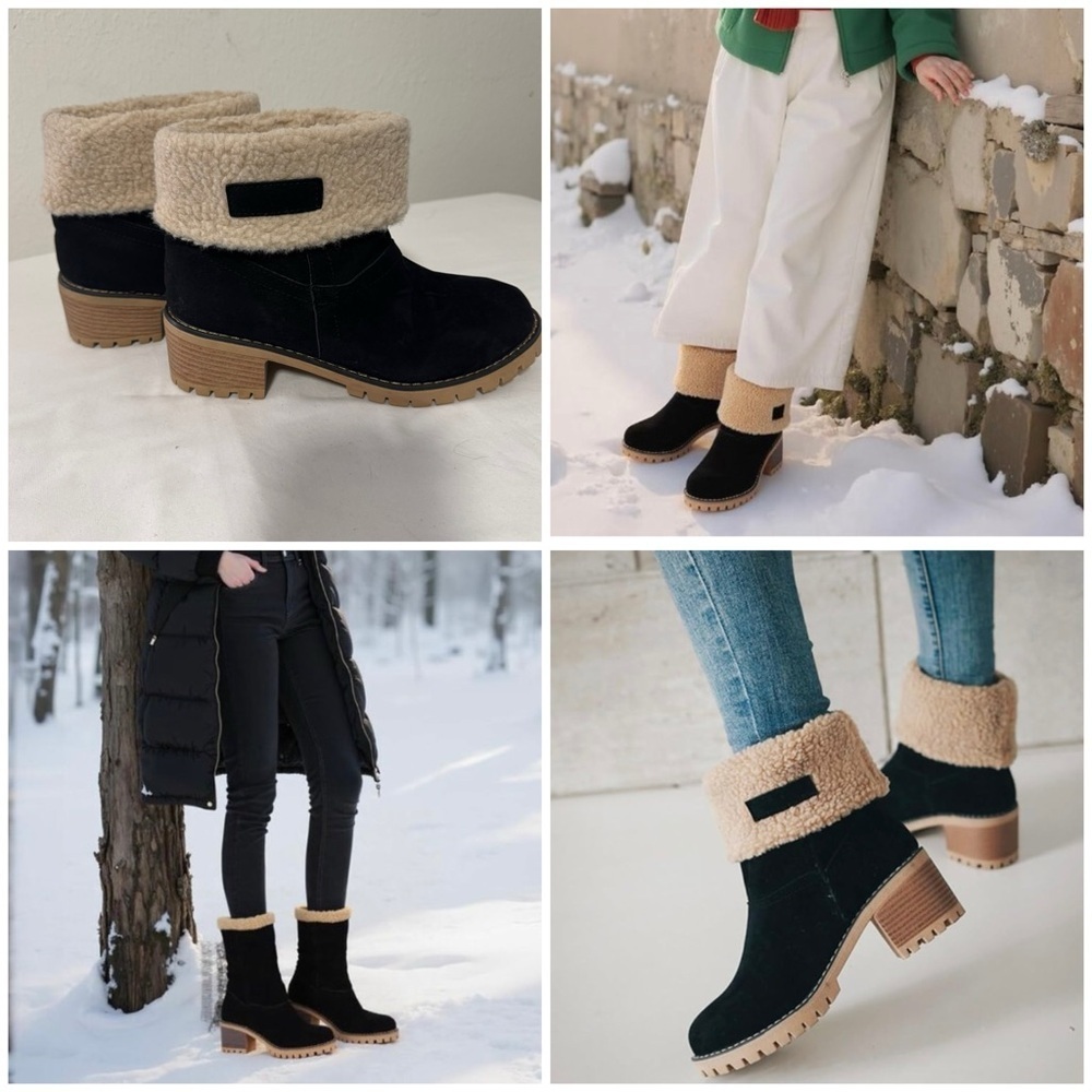 Women’s Sz 41 US 10 Snow Booties Winter Faux Fur Suede Square Heels Ankle Boots